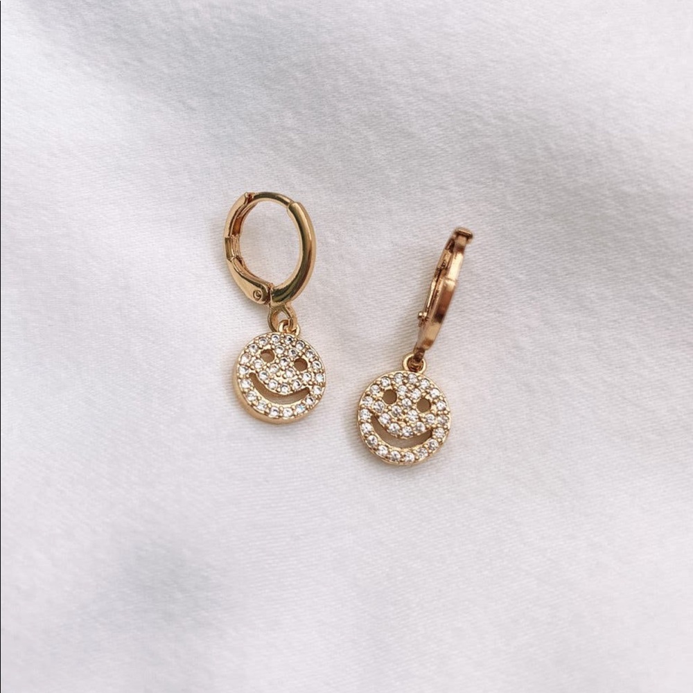 Smiley Face Diamond Pave Huggie Hoop Earrings Gold